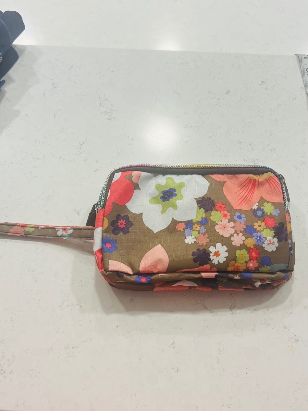 Floral Wristlet Pouch in Brown and Coral